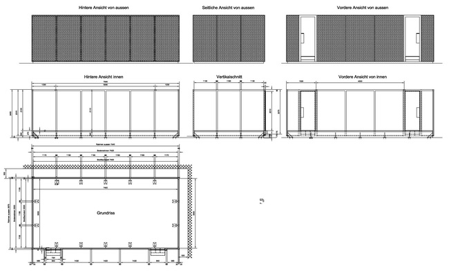 Zeichnung WC Container Einbau im Keller von Restaurant Giesserei Oerlikon mit Streckmetall und Licht