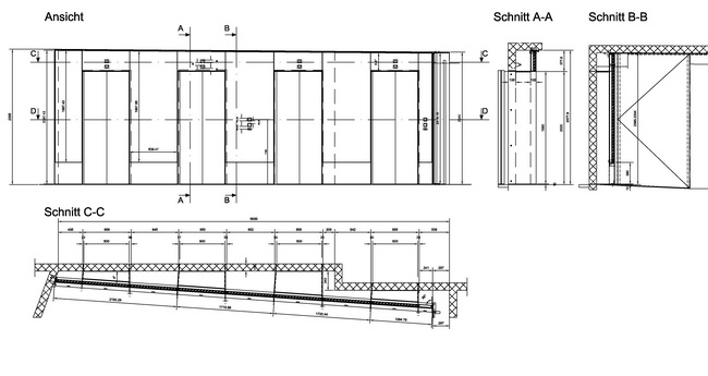 Zeichnung Liftfronten aus rot eloxiertem Aluminiumblech für das Parkhaus Urania in Zürich